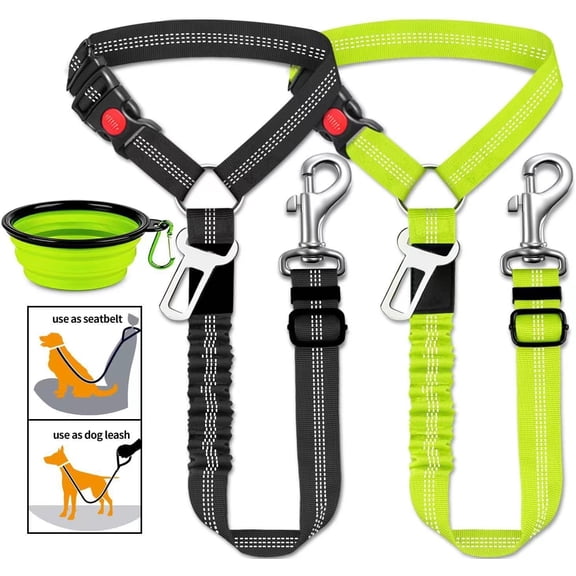 Removable Dog Seat Belt Harness for Car, 3 in 1 Pet Dog Car Seatbelt Leash, Retractable Restraint Secures to Vehicle Headrest & Adjustable Reflective Bungee Dog Seatbelt Tether, Green and Black