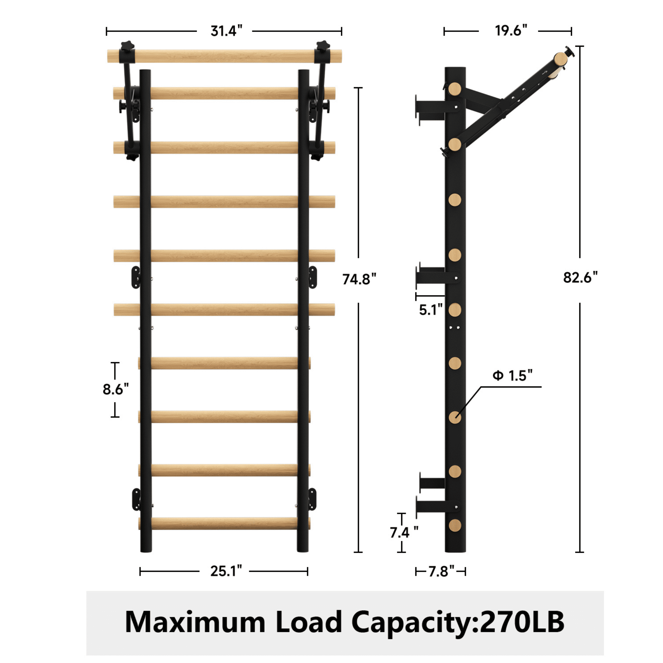 Cofiyard Swedish Ladder Wall Gym, Wooden Wall-Mounted Stall Bars with Pull-up Bar & Exercise Straps, Stretching Ladder Full Body Home Gym for Adults
