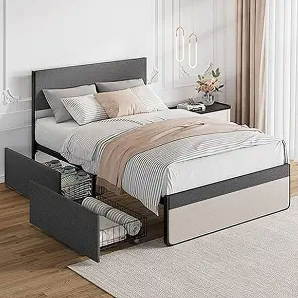 Bingirl Cadre de Lit Grand avec 2 Tiroirs de Rangement et Tête de Lit, Revêtement en Tissu de Lin, Cadre de Lit Plateforme Pleine Grandeur Rembourré
