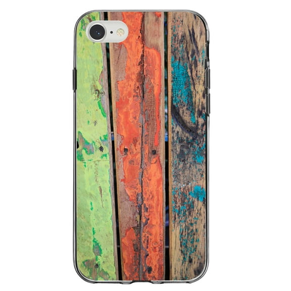 DistinctInk Clear Shockproof Hybrid Case for iPhone 7 8 SE (2020 Model) 4.7" Screen TPU Bumper Acrylic Back Tempered Glass Screen Protector - Rough Painted Wood Print - Printed Wood Grain Image