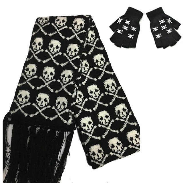 Conjunto de guantes y bufanda con flecos negros para hombre y mujer, pañuelo con patrón de calavera y esqueleto de Navidad, bufanda única para fiesta de invierno
