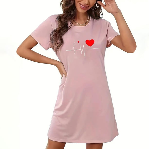 Camisón corto de San Valentín para mujer, talla grande, estampado en el pecho, cuello redondo, manga corta