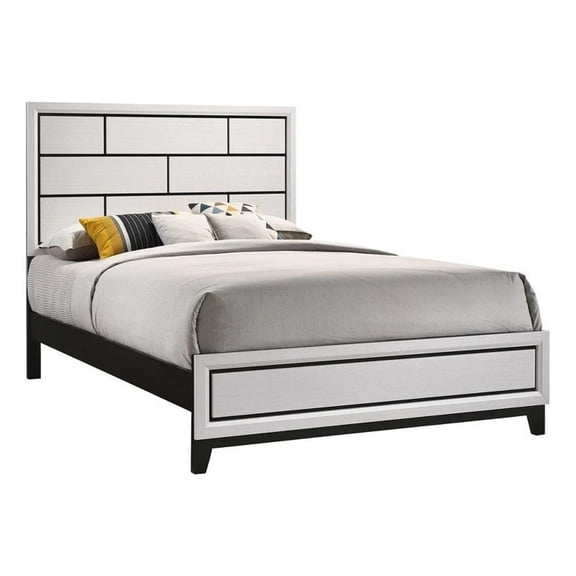 Benjara Asir Twin Size Bed- Geometric Panel Headboard- Modern White Wood Finish