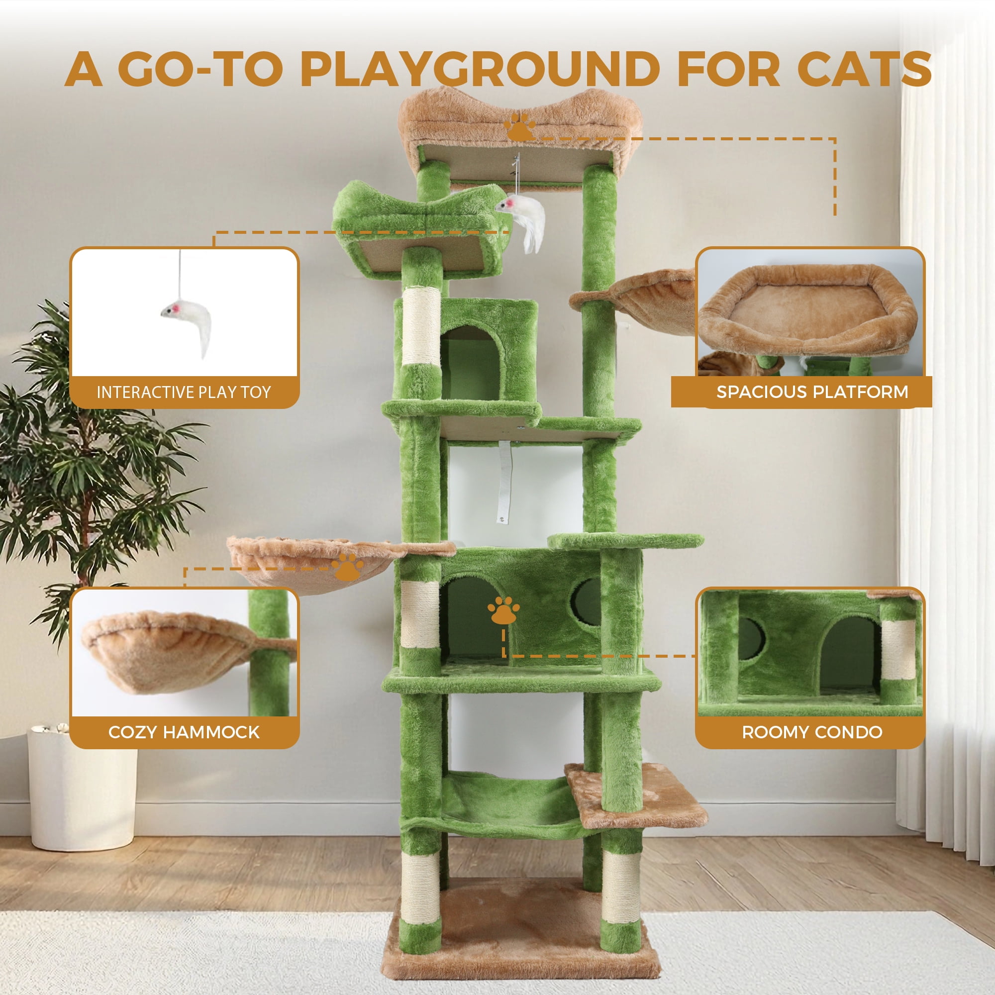 6-Level Cat Tree, Removable Cushions, Sisal Scratching Posts, Cozy Hideaways & Hammocks