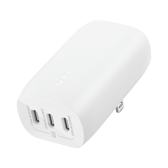 BoostCharge 3-Port USB-C Wall Charger with PPS 67W, USB-C PD 3.1 Enabled Fast Charging iPhone Charger for iPhone 16 Series, MacBook Pro, AirPods, Galaxy, and Other PD Enabled Devices - White, Belkin BoostCharge power adapter - PPS technology - 24 pin USB-C - 67 Watt
