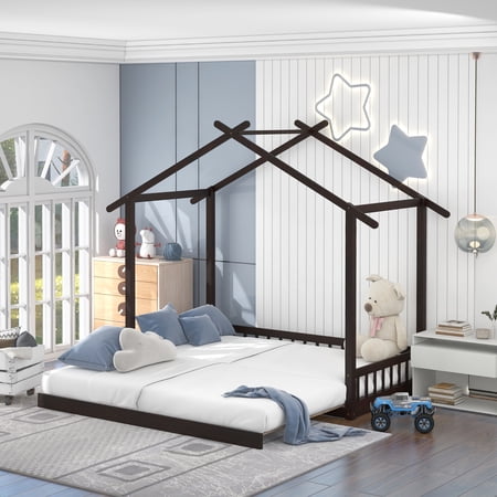 SESSLIFE Twin XL-Size House Bed for Kids and Toddlers  Wood Full Platform Bed Frame with Twin Trundle  Kids House Design  Tent Bed with Roof for Kids Room  NoBox Spring Needed  Easy Assembly