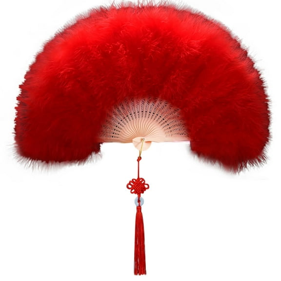 Red Vintage Feather Folding Hand Fan with Tassels – Elegant Dance Performance, Stage Prop, Costume Accessory, Party & Gift