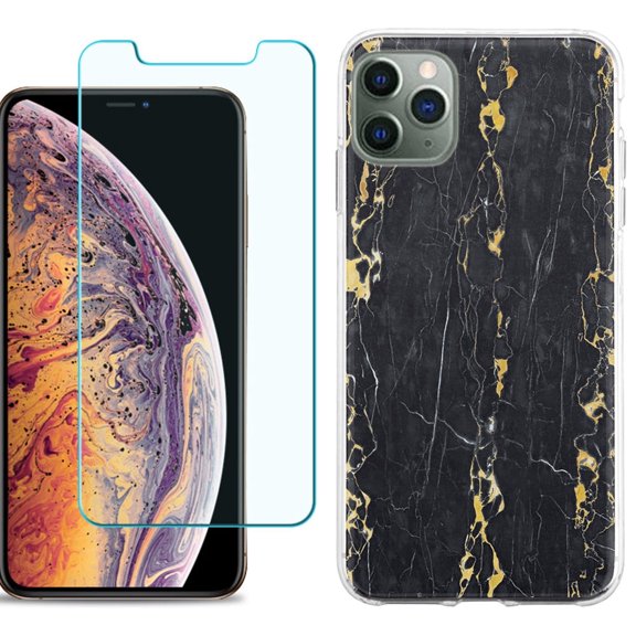 For Apple iPhone 11 Pro Max Case , Slim-Fit TPU Protective Phone Case (Pink Bezel) with Tempered Glass Screen Protector, by OneToughShield ® - Marble / Gold/Black