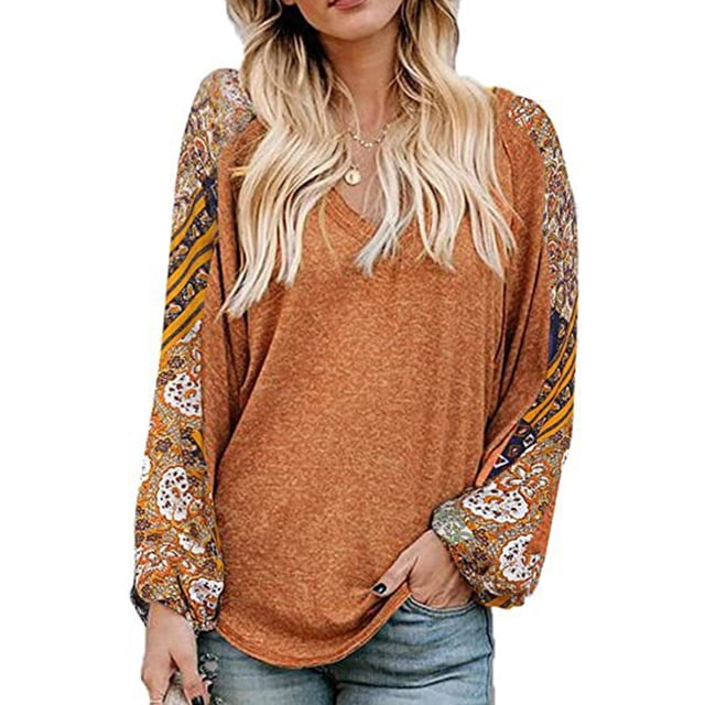 Blusa de mujer con estampado de empalme, manga larga, cuello en V, corte holgado, jersey informal para mujer, Top para trabajo, citas, viajes, naranja XL