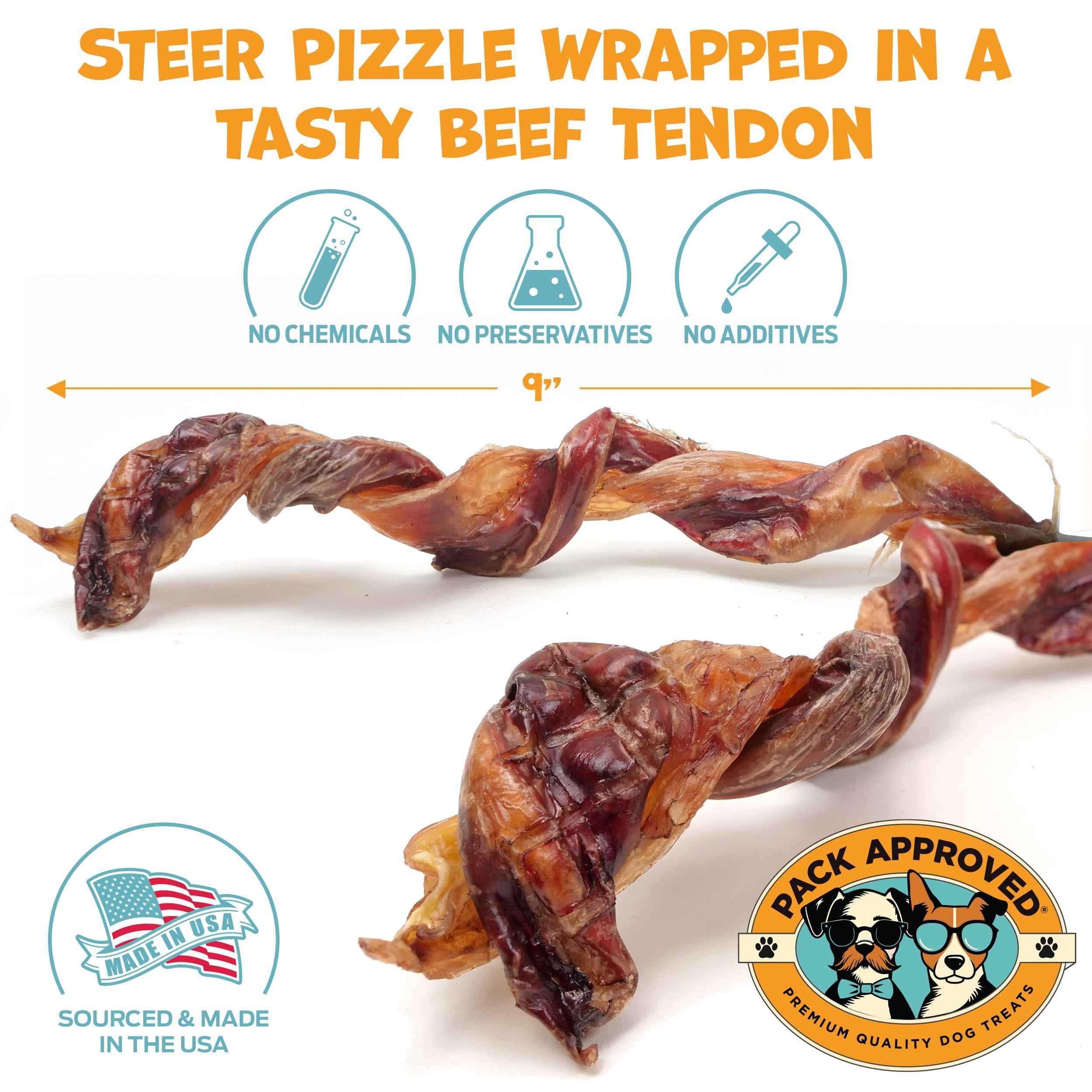 Pack Approved Bull Beef Twist - Beef Dog Treats for Medium Dogs & Large Breeds- Long Lasting Dog Chews for Aggressive Chewers - 9" (3ct)