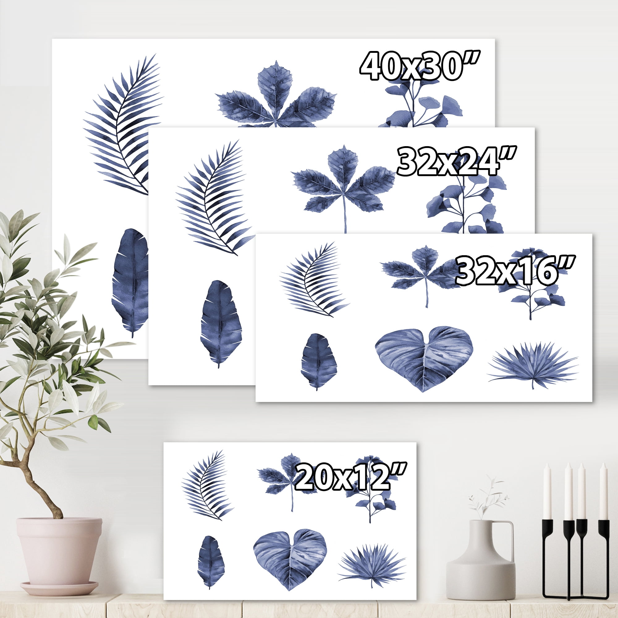 Designart ' Abstract Set Of Plant Leaves Blue ' Traditional Canvas Wall Art Print