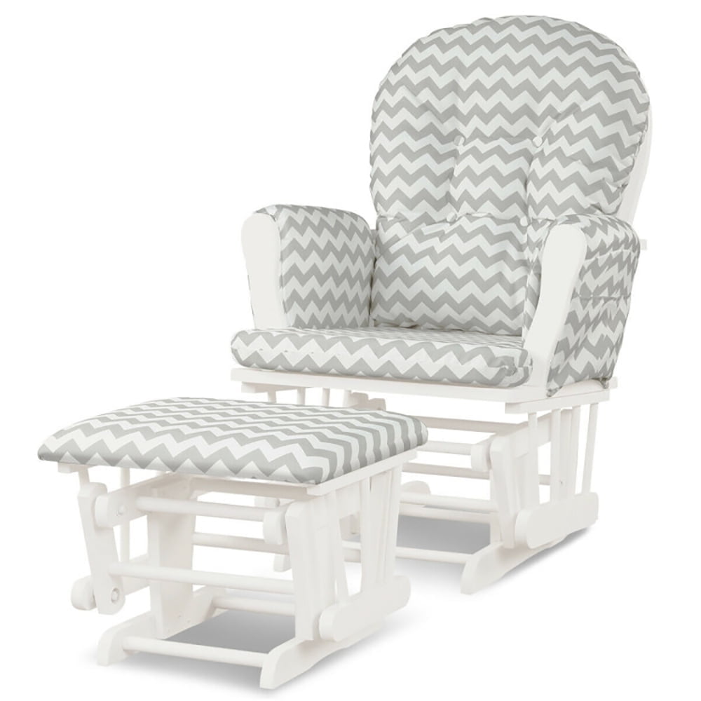Demi Bonn Glider and Ottoman Set, Wood Rocking Chair with Cushioned Armrests Detachable Cushion, Upholstered Glider with Nursing Ottoman, for Napping, Reading, Gray and White