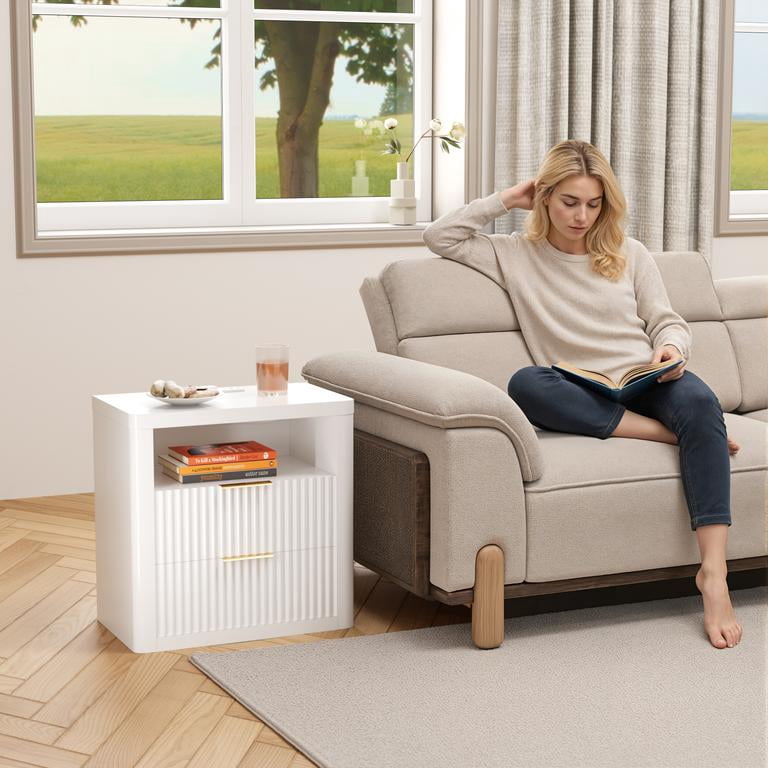 Lacoo End Table with Lights & Power Outlet, Fluted Nightstand with 2 Drawers for Bedroom, Sofa Side End Table for Living Room, White