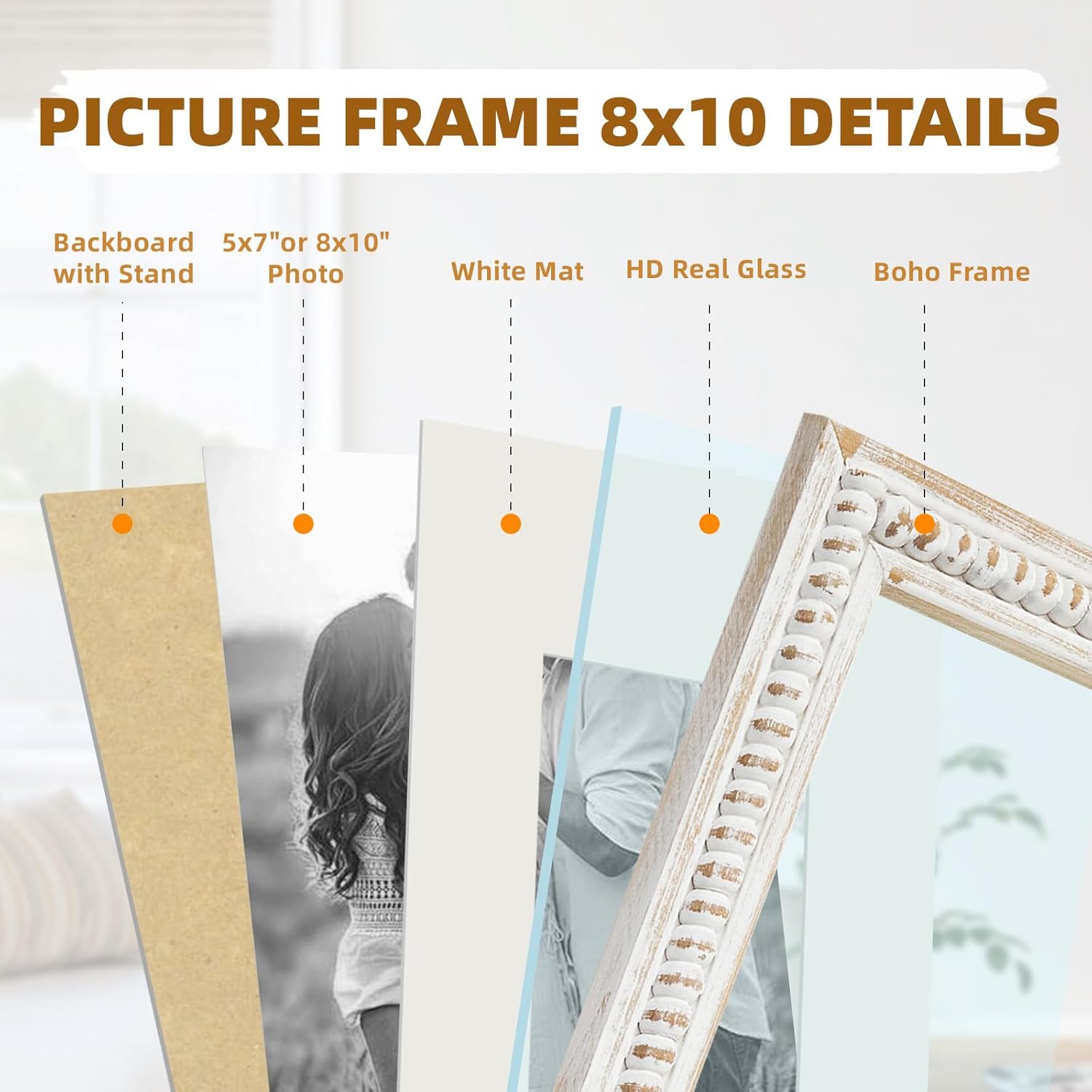 MODE HOME White 8x10 Picture Frame with Mat for Displays 8x10 and 5x7 Photos, Farmhouse Picture Frames with Wooden Beaded Design, White 8 by 10 Picture Frame for Tabletop Home Decor