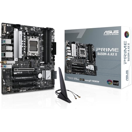 ASUS Prime B650M-A AX II AMD B650 AM5 Ryzen™ Desktop 9000 8000 & 7000 Micro-ATX mATX Motherboard, DDR5, PCIe 5.0 M.2, 2.5Gb LAN, Wi-Fi 6, DisplayPort, HDMI®, BIOS Flashback™