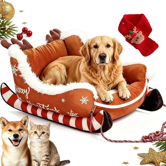 Christmas Sleigh Dog Bed, 2026 New Funny Santa Christmas Decor Pet Bed Washable, Soft Fluffy Plush, Soft Crystal Velvet & Warm Filling, Non-Slip Base for Small Dogs and Cats Brown