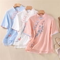 thumbnail image 6 of LYEAA Cotton Linen Blouses for Women Traditional Mandarin Collar Shirts Floral Embroidery Short Sleeve Tops Summer Clothes, 6 of 7