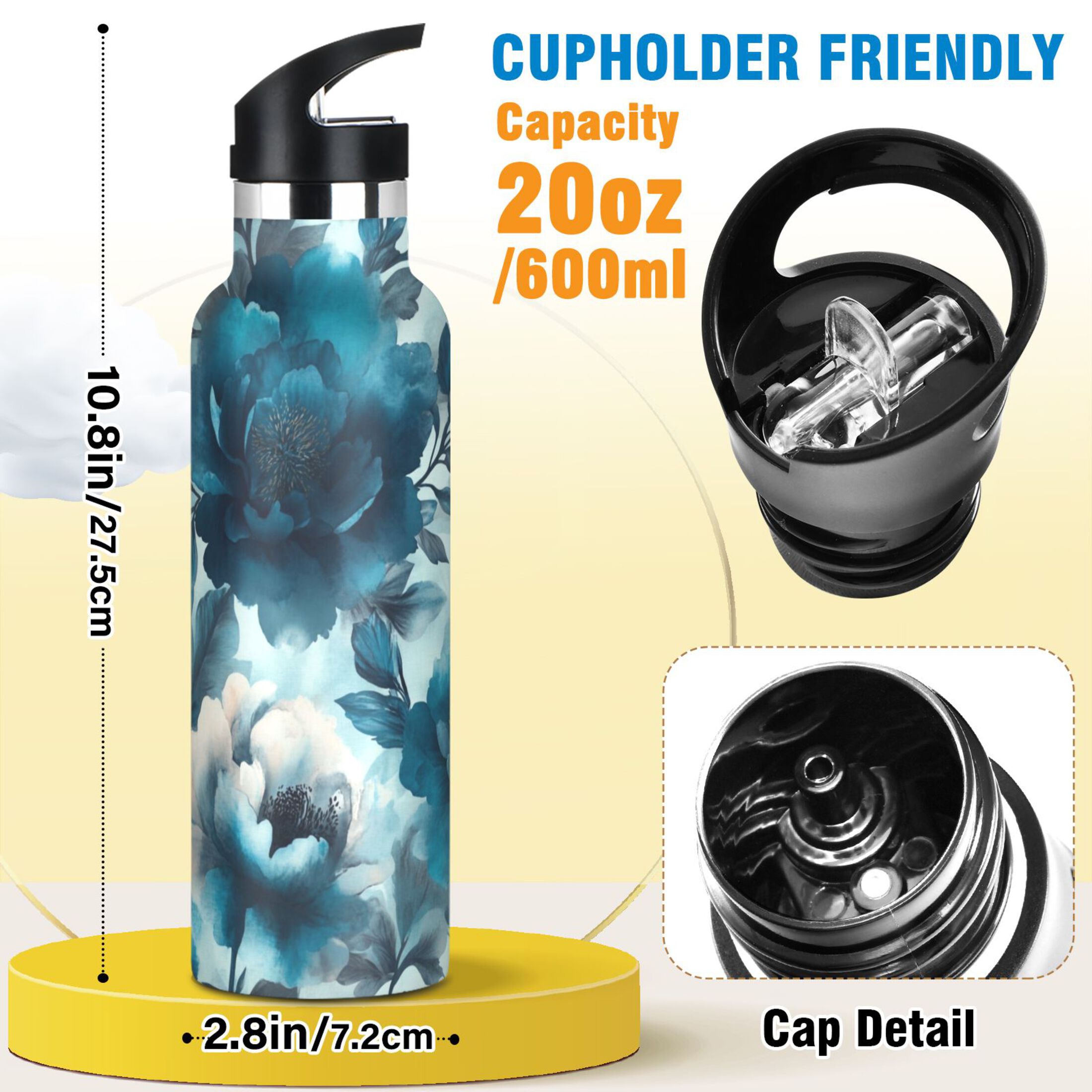 Kids Insulated Stainless Steel Sports Water Bottle 600ml (20oz) Teal Elegant Floral Pattern