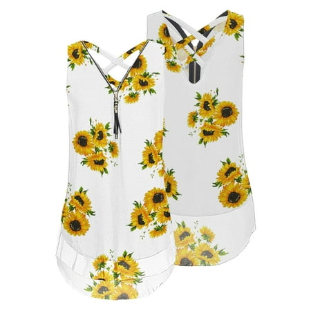 

Women s Tunic Tops Casual Sleeveless Floral Double Layers Blouses Summer Trendy Zipper V-Neck Blouse T Shirts Loose Fit Pleated Mesh Shirts