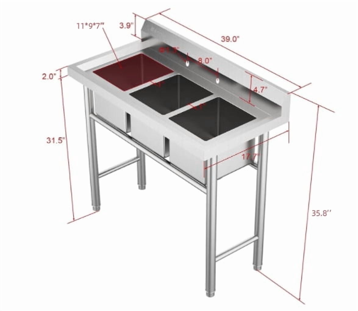 Dwellnix 3-Compartment Outdoor Utility Sink with 2 Faucets, 304 Stainless Steel Design, Adjustable Feet for Garage/Commercial Use