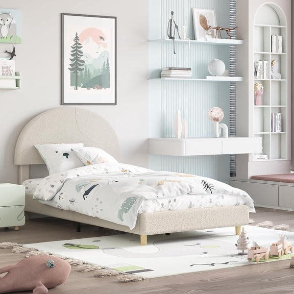 Upholstered Platform Bed Frame with Round Boucle Headboard, Arch-Shaped Modern Design, Wooden Slats, No Box Spring Required, Easy Assembly, Noise-Free, Sturdy Support,Twin,Beige