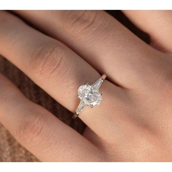 SOLITAIRE JEWELS 1CT Oval & Tapered Baguette Three Stone Solitaire Engagement Ring Solid 10K White Gold