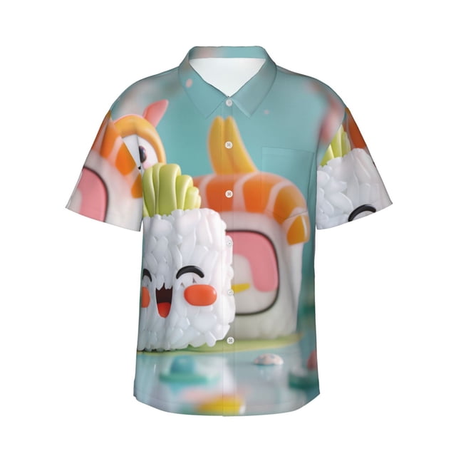 Fotbe Kawaii Sushi Characters Delight Camisa Hawaiana para Hombre Unisex – Camisa Casual de Verano con Botones de Manga Corta de Algodón y Lino,Large