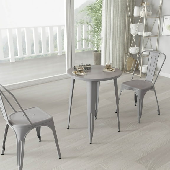 Merrick Lane 24" Round Metal Table for Indoor and Outdoor Use in Silver