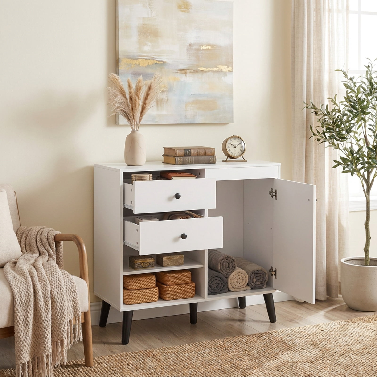 Furnibear 31" Sideboard Cabinet with 2 Open Compartments and 2 Drawers for Kitchen Dining Living Room Buffet Storage Server, White