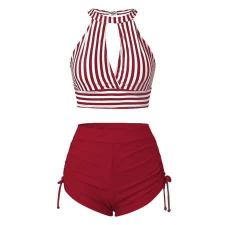 Hogloyecr Strapless Bikini Sets for Women Halter Tie Bottom Bikini Set Yellow Sports Swimsuit for Women Swimsuits Ruched High Waist with Bottom CountryRed2XL