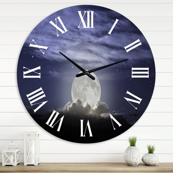 Designart 'Full Moon Rising In A Cloudy Night' Nautical & Coastal Wall Clock