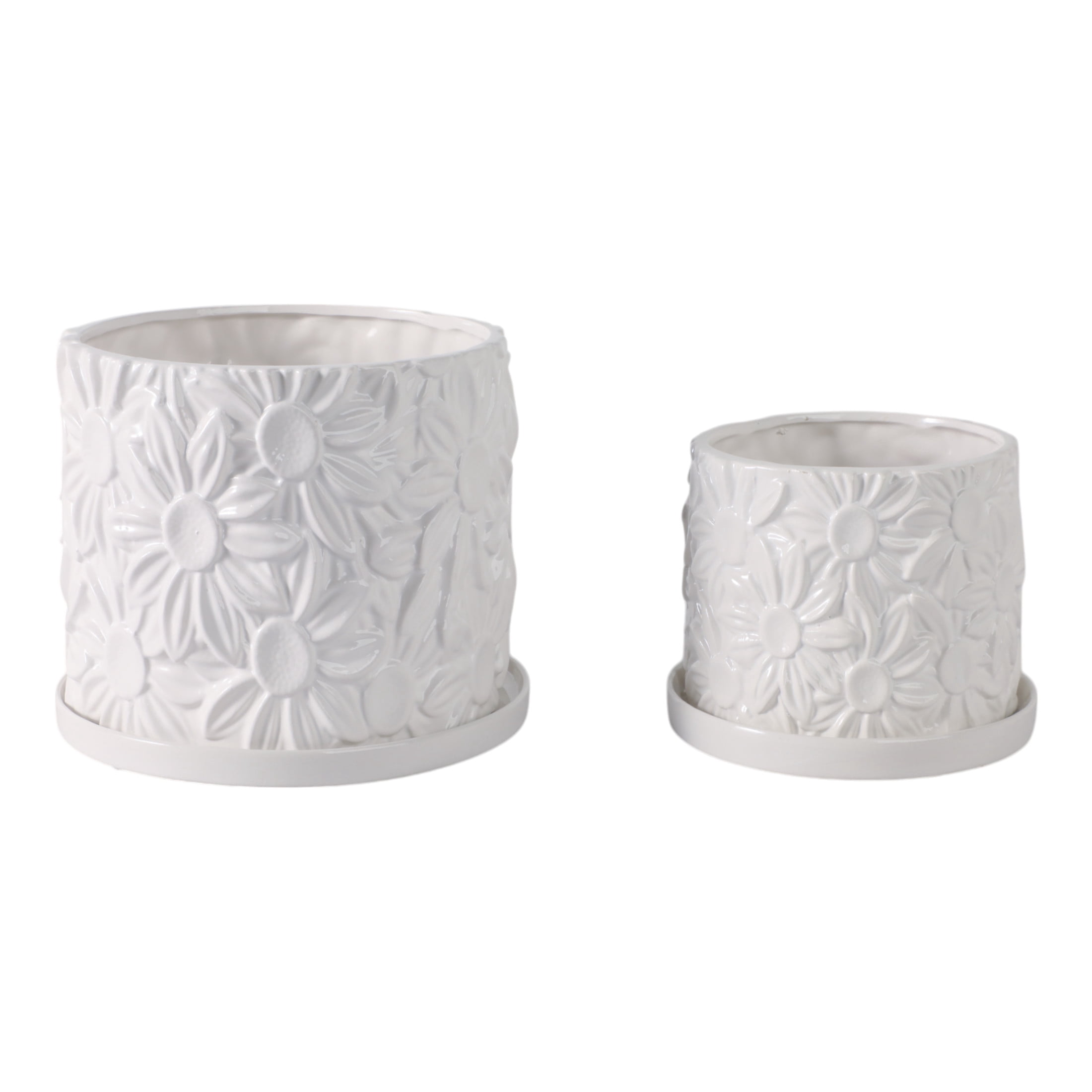 Ceramic Daisy Flower Pot Planter with Saucer for Home Decor - Decorative Plant Pots for Indoor and Outdoor Spaces - Garden Accent for Living Room, Patio, or Backyard - Set of 2, 7", 5", White