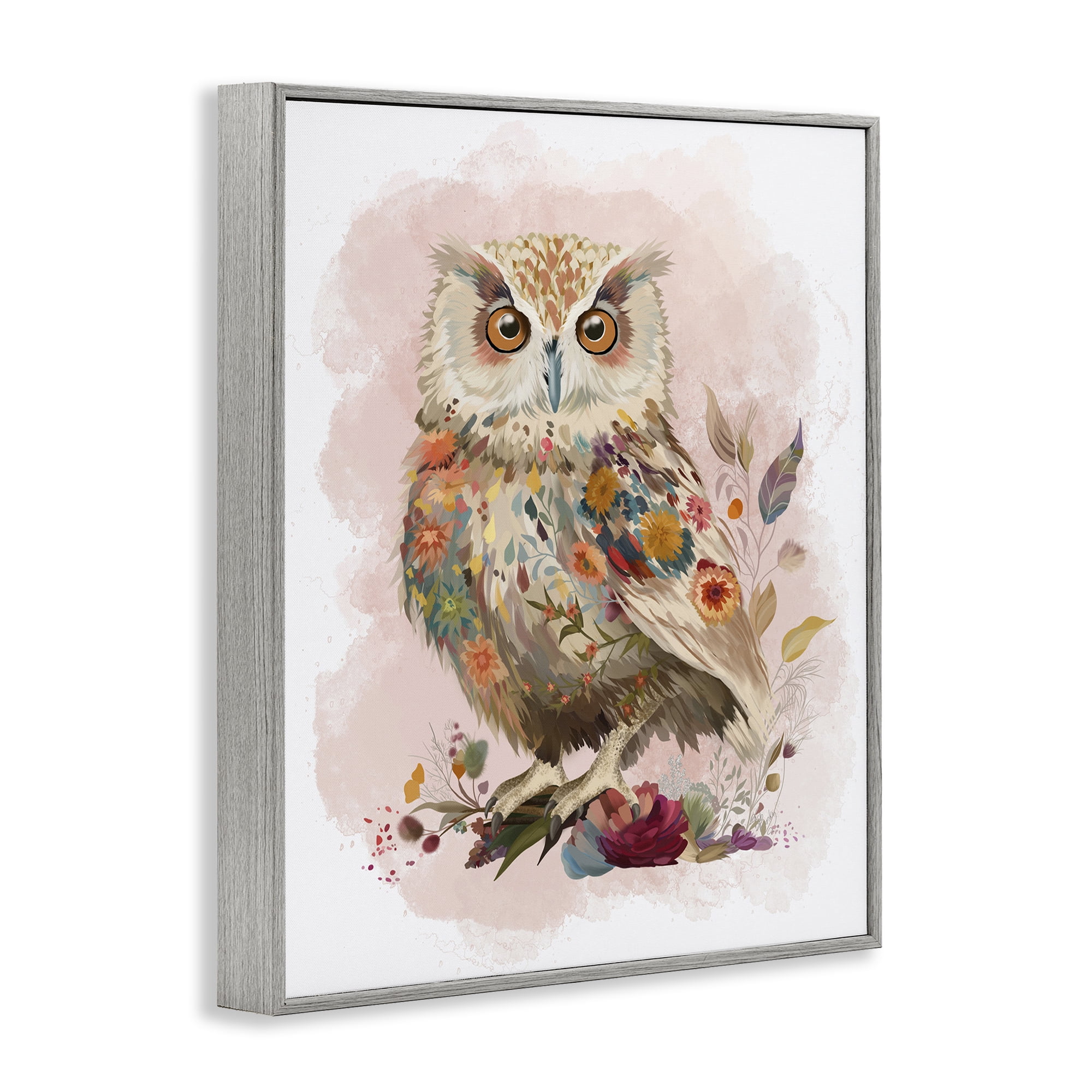Stupell Industries Owl & Wild Blooms Animals & Insects Painting Gray Framed Art Print Wall Art, 11 x 14