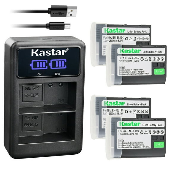 Kastar 4-Pack EN-EL15C Battery and LED2 USB Charger Compatible with Nikon EN-EL15c EN-EL15b Battery, MH-25b Charger, Nikon ZF Mirrorless Camera, Nikon Z 5 Z6 II Z7 II, Z5 Z6II Z7II Mirrorless Camera