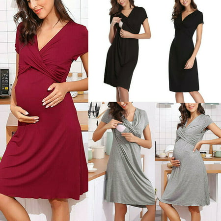 Womens Pregnancy Maternity Short Dress Solid Breastfeeding Nursing Dresses