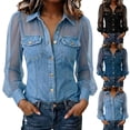 thumbnail image 3 of Gsakboxl Women's Tops, Tees & Blouses Women Fashion Faux Denim Patchwork Long Sleeve Blouse Elegant V Neck Sheer Mesh Lace Spliced Breathable Casual Spring Daily Shirts Light Blue XXL, 3 of 9