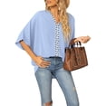 thumbnail image 2 of Women's T-Shirt Dolman Sleeve Design V-Neck Chiffon Splicing Breathable Summer Streetwear Tops, 2 of 5