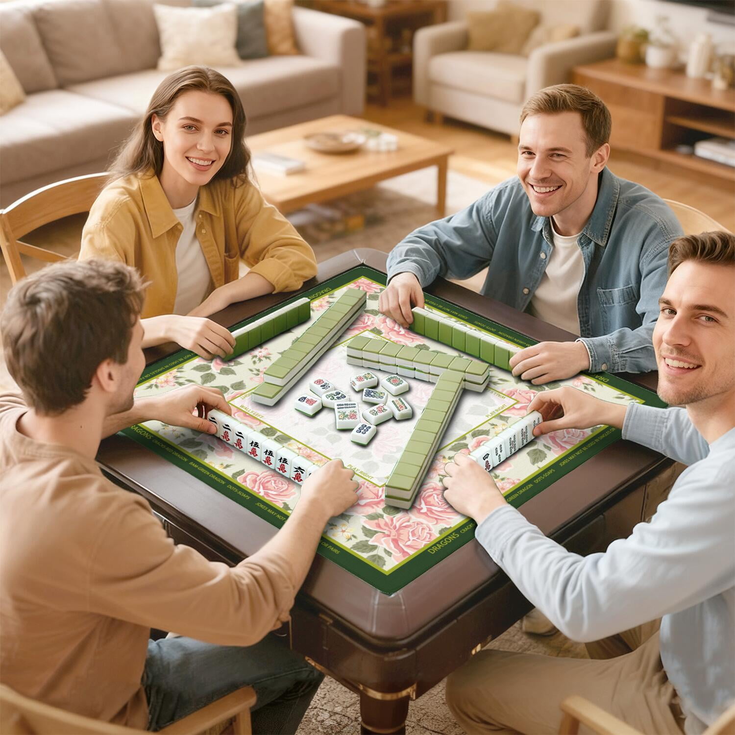 Floral Mahjong Mat with Rules, 31.5*31.5in Anti Slip American Mahjong Mat for Table, Noise Reduction, Neoprene Mah jongg Mats with Carrying Bag & 3 Dices, Mahjong Set Gift, Board Tile Games Mats