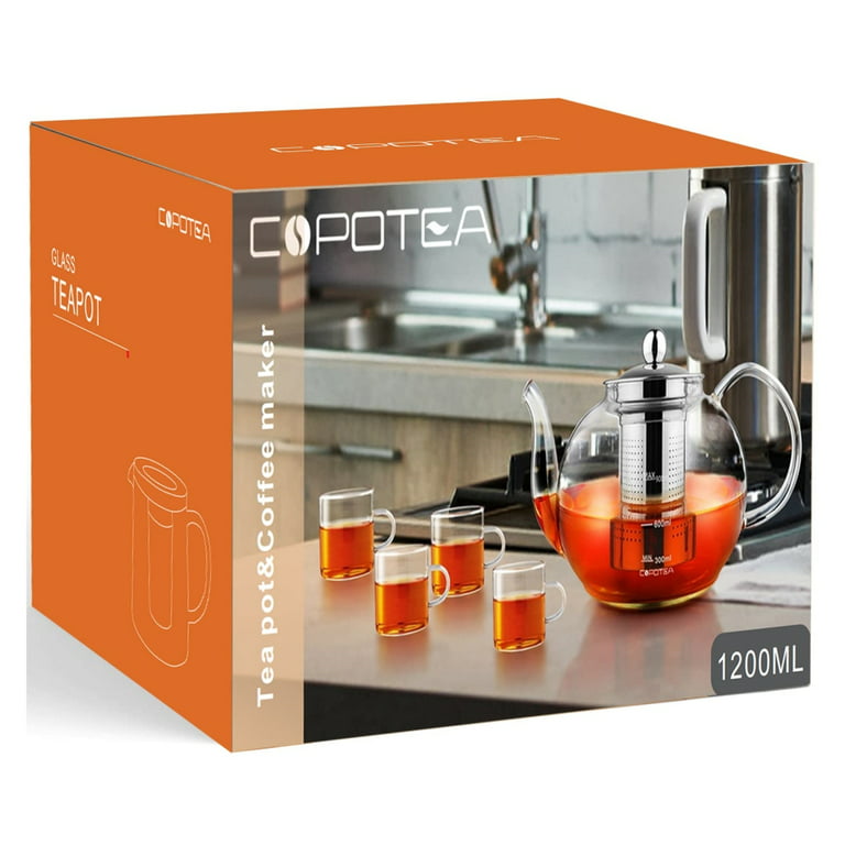 Glass Teapot Set, 34OZ/1000ML Glass Tea Kettle with Loose Tea Infuser &  Warmer, 5OZ/150ML Double-Wall Tea Cup Set of 4, Stovetop & Microwave Safe  Tea