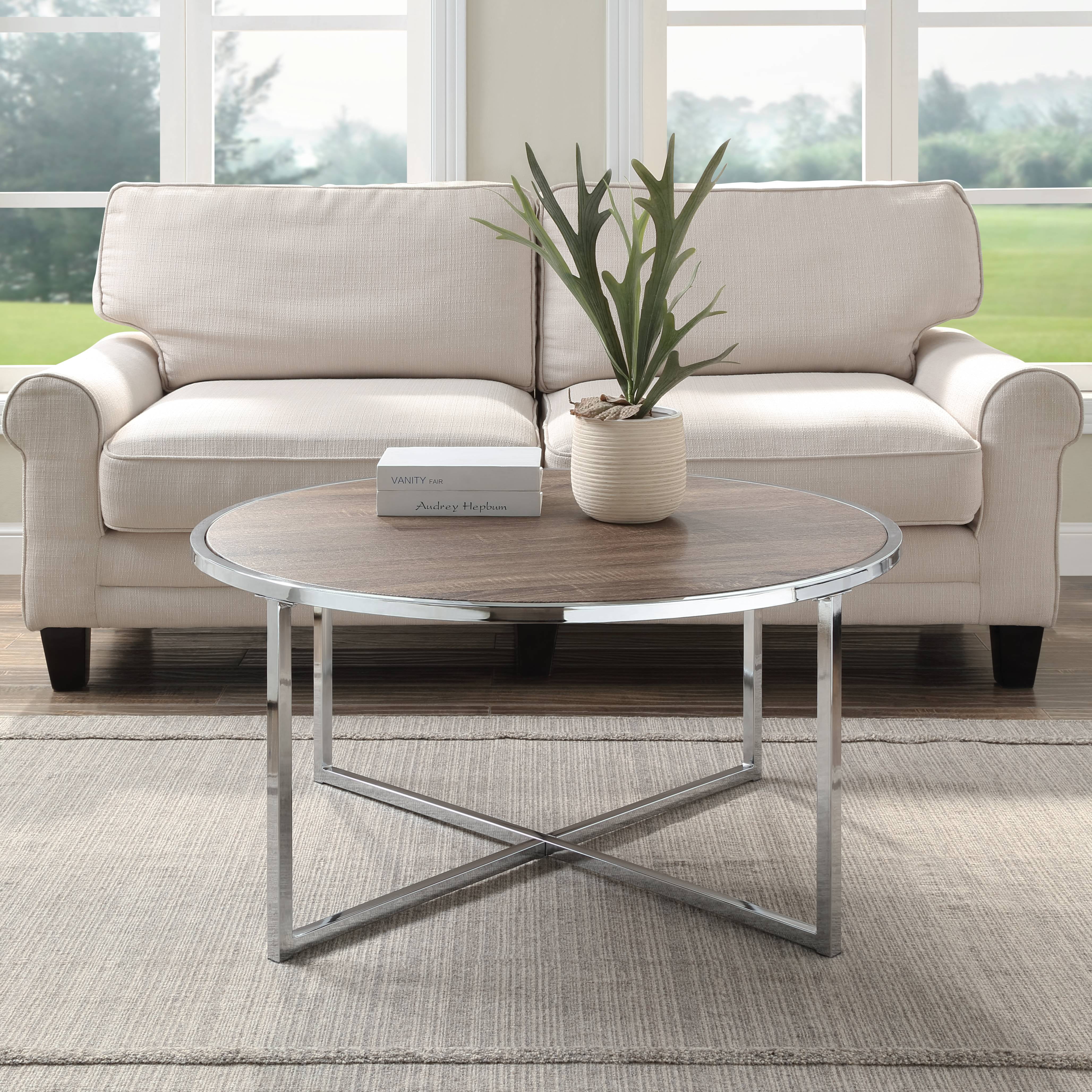 Abington Lane Contemporary Chrome Circular Coffee Table Brown Walmart Com Walmart Com