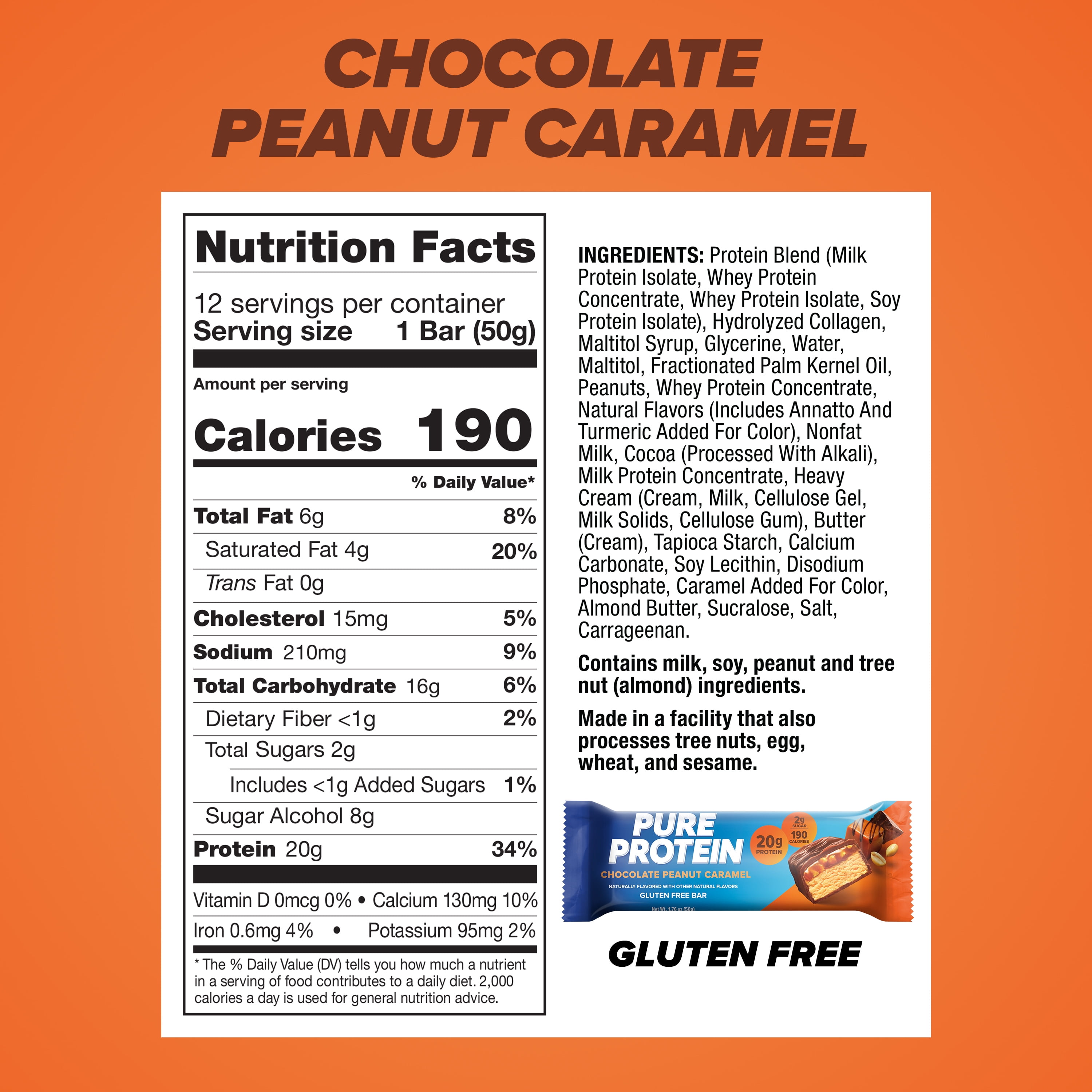 Pure Protein Bars, Chocolate Peanut Caramel, 20g Protein, Gluten Free, 1.76 Oz, 12 Count