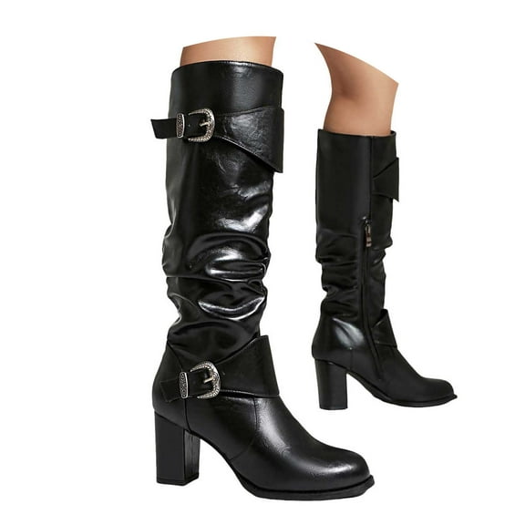 Mostsola Slouchy Boots for Women Buckle Strappy Zip up Mid Calf Boots Block Heel Tall Boots