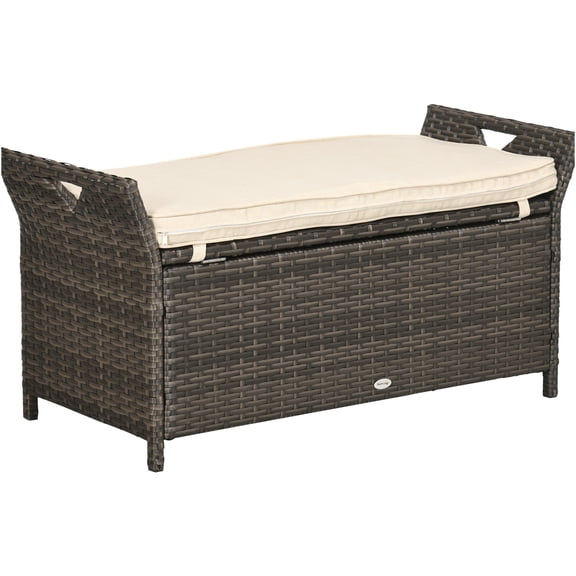 JERFIT 43" Outdoor Storage Bench with Cushion, 2-in-1 PE Rattan Patio Seat & 27 Gallon Garden Box, Waterproof Steel Frame, Brown and White