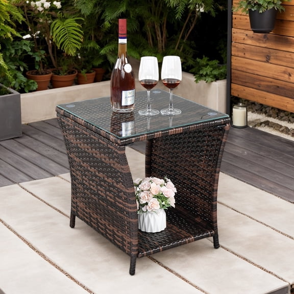 PE Rattan Side Table with Glass Top, Iron Frame, Brown