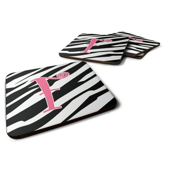 Letter F Initial  Zebra Stripe and Pink Foam Coaster Set of 4