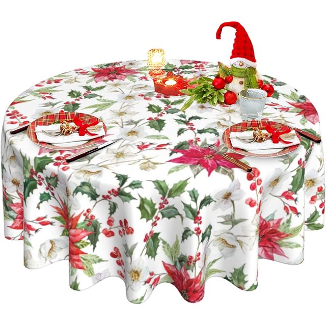 Christmas Table Cloth Red Round Christmas Tablecloth 60 Inch Washable Reusable Xmas Winter Flowers Tablecloth for Holiday Party Dinner Dining Table Decor