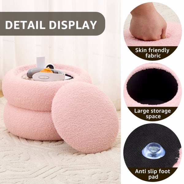 Storage Ottoman, Round Teddy Velvet Footrest with Tray, Macaron-Shaped Stool, Modern Side Table, Small Ottoman for Living Room, Bedroom, and Hallway Decor- Pink