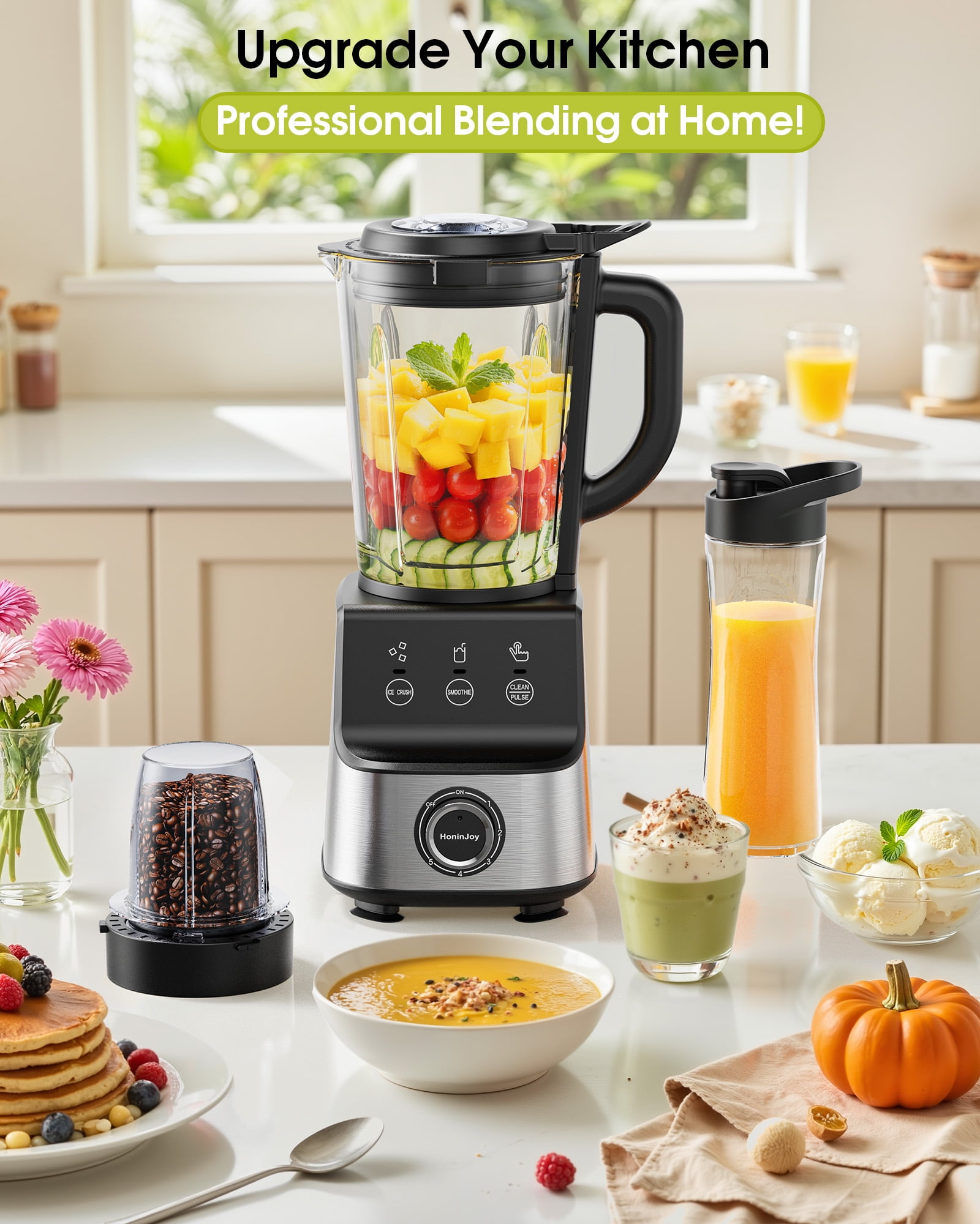 Open Box HoninJoy Kitchen Smoothies Blender, 51 Oz Large Capacity 5 Speeds, Electric Blender With Travel Jar, Grinder, Blender for Fruits, Ice, Coffee Bean