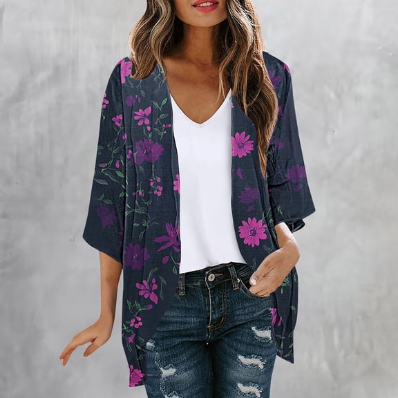 HOMBOM Boho Kimonos for Women 3/4 Sleeve Cover Up Sheer Lightweight Open Front Floral Young Womens Cardigan Casual
