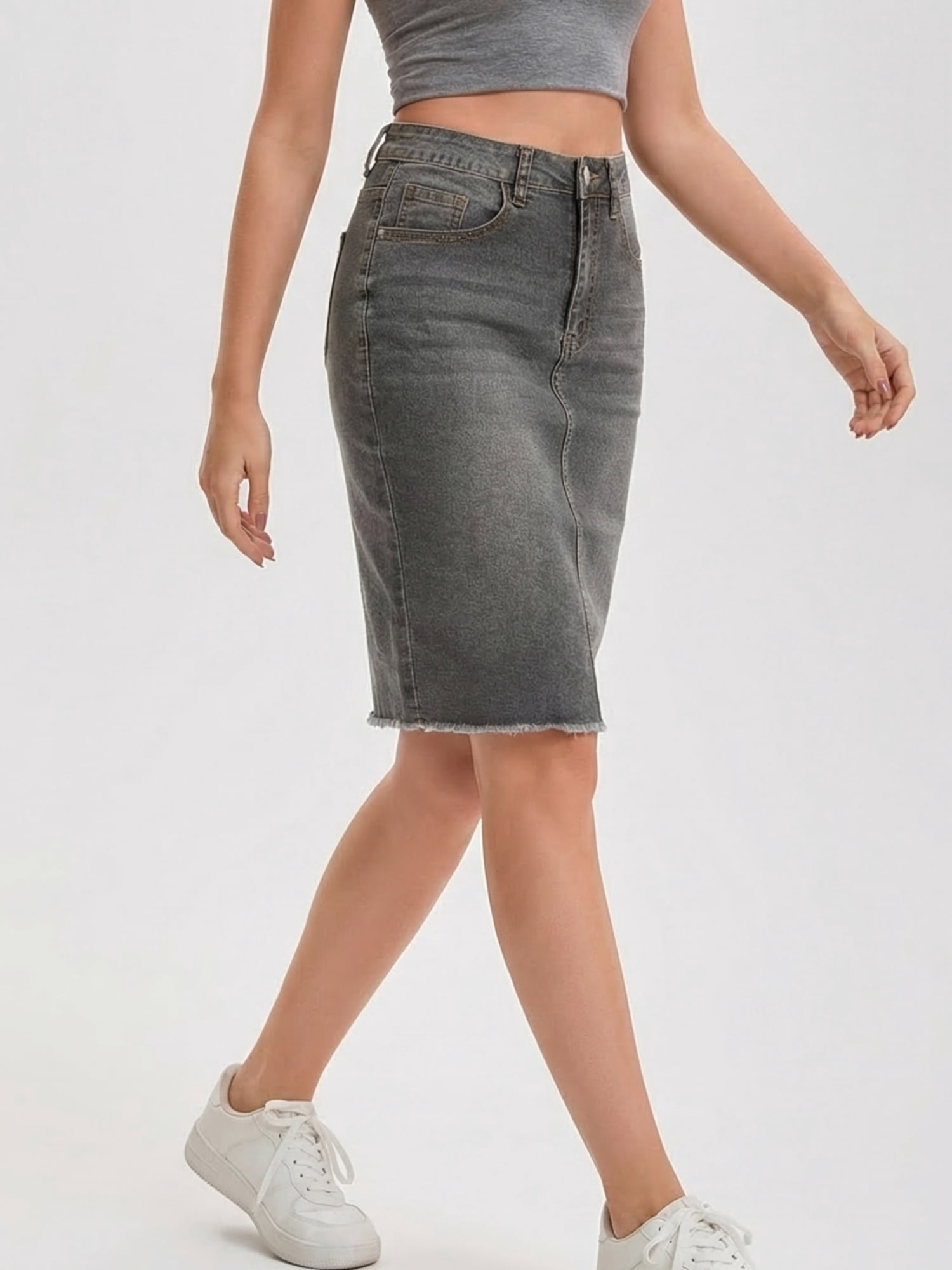DARING DIVA Women's Denim Raw Hem Pockets Pencil Skirt Large Gray